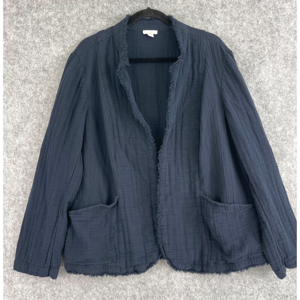 J Jill Cardigan Jacket Womens 2X Blue Fringe Cotton Gauzy Minimal Coastal